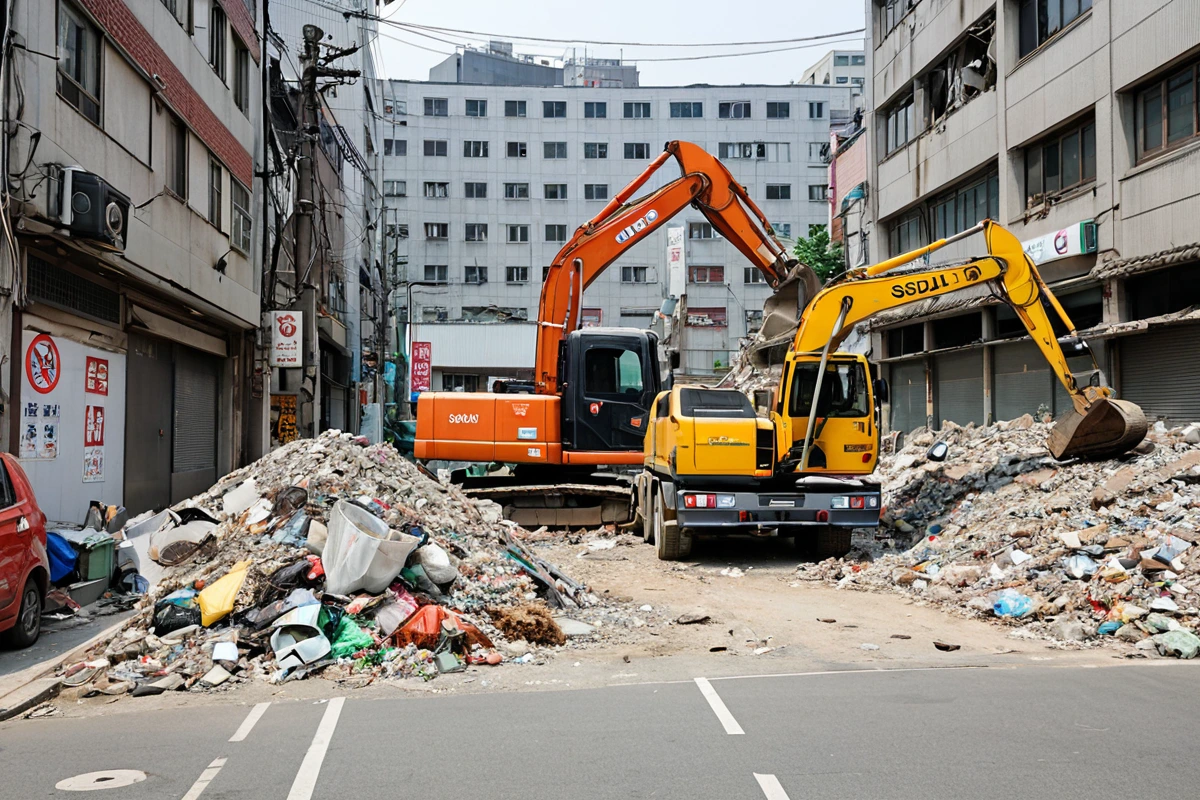 서울 관악구의 중심가에 위치한 상업지역에서 철거 작업 중인 공사 현장. 주변 건물의 외관과 철거 중인 벽면, 폐기물 처리를 위한 차량이 배치된 도로가 보인다. 규제에 따라 철거 작