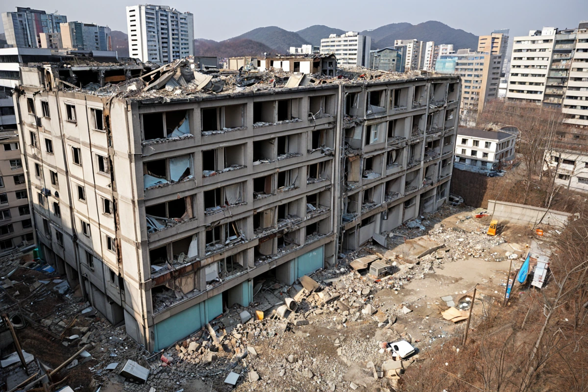 서울 관악구의 철거 현장에서 철거 대상 건물의 구조를 정확히 파악하기 위해 현장 조사 중인 장비와 건물 외관을 촬영한 사진. 건물은 구조적 손상이 있는 낡은 주택으로, 철거 전 현