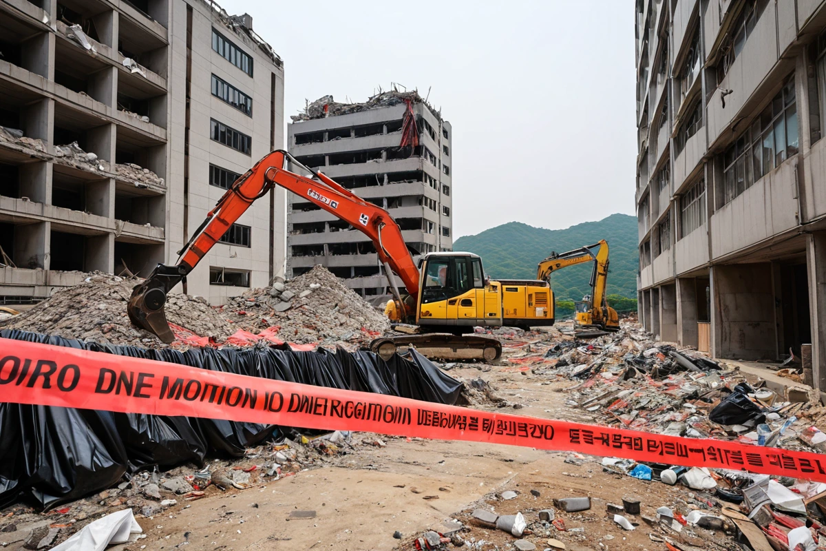 서울 관악구의 한 식당 철거 현장에서 철거 작업 전에 철거 예정 구역을 정확히 표시한 빨간색 테이프와 철거 예정 구조물의 세부적인 구조를 보여주는 사진. 철거 시 발생할 수 있는