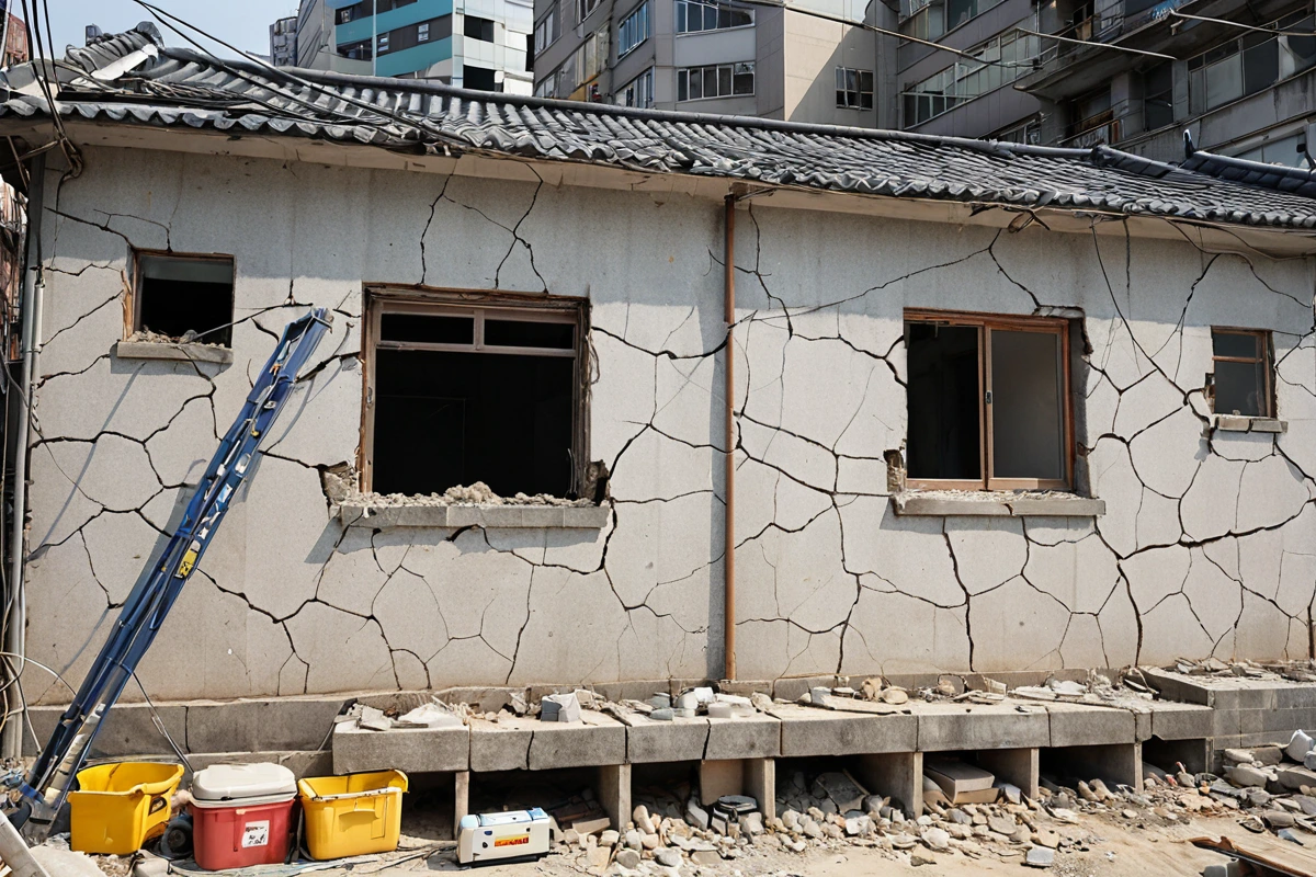 서울 광진구 봉천동의 구조물 철거 현장. 철거 전 건물 외관과 기초 상태를 확인하는 전문 장비와 검사 도구가 배치된 모습. 건물 외벽에 균열이 보이는 부분과 주변 환경이 자연스럽게