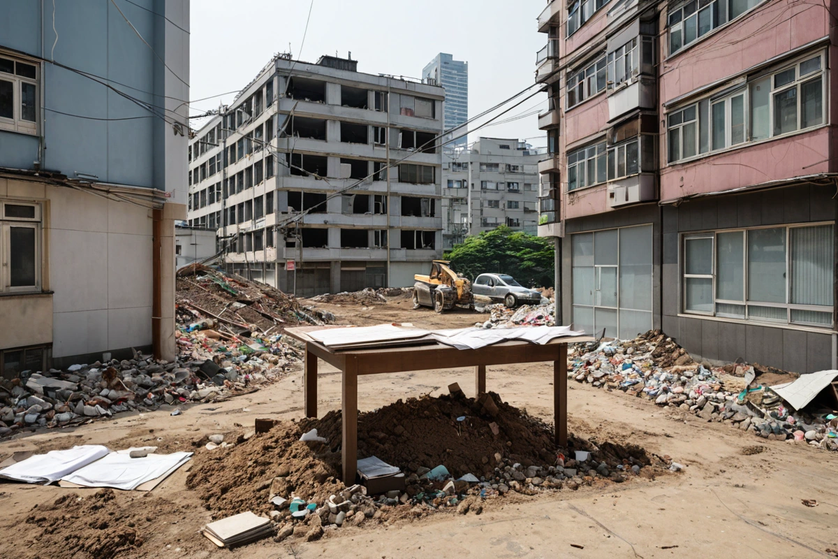 서울 구로구의 혼재 지역에서 철거 작업 전 철거 계획서와 주민 소통을 위한 안내문이 놓인 테이블. 주변에는 철거 예정 건물의 외관과 주변 주거지가 보이는 창가에서 철거 작업을 시작
