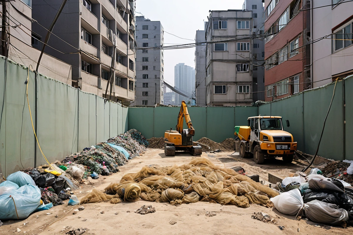 서울 구로구 주택 밀집 지역에서 진행 중인 내부철거 현장. 철거 중인 건물 내부의 구조물과 주변 환경 보호를 위한 방진망과 소음 차단 장비가 철저히 설치된 모습. 깨끗한 철거 현장