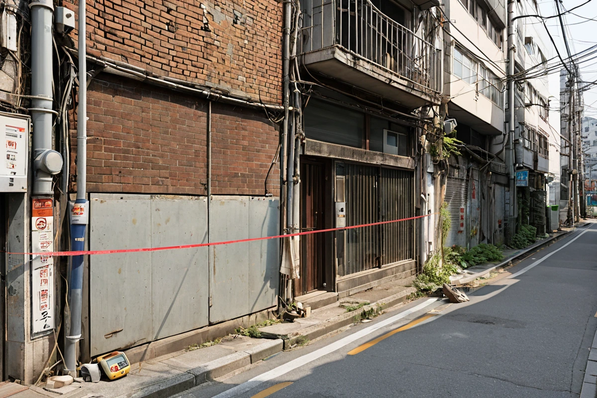 서울 구로동 주거 지역과 상업 지역이 혼재된 거리에서 철거 전 현장 조사 중인 장면. 건물 외벽에 철거 계획을 확인하는 문서가 놓여 있고, 주변 환경을 분석하는 도구가 배경에 자연