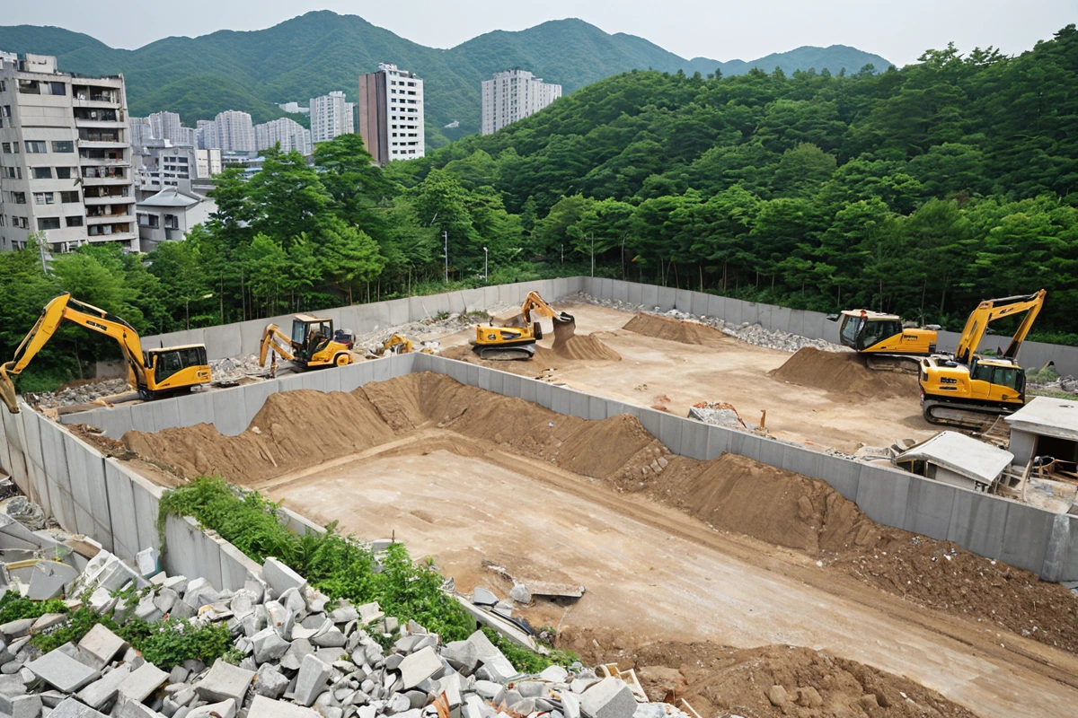 서울 금천구의 주거지역에서 철거 작업 중인 현장 주변의 조화로운 환경. 소음과 먼지 방지를 위한 철저한 방진막이 설치되어 있는 모습.