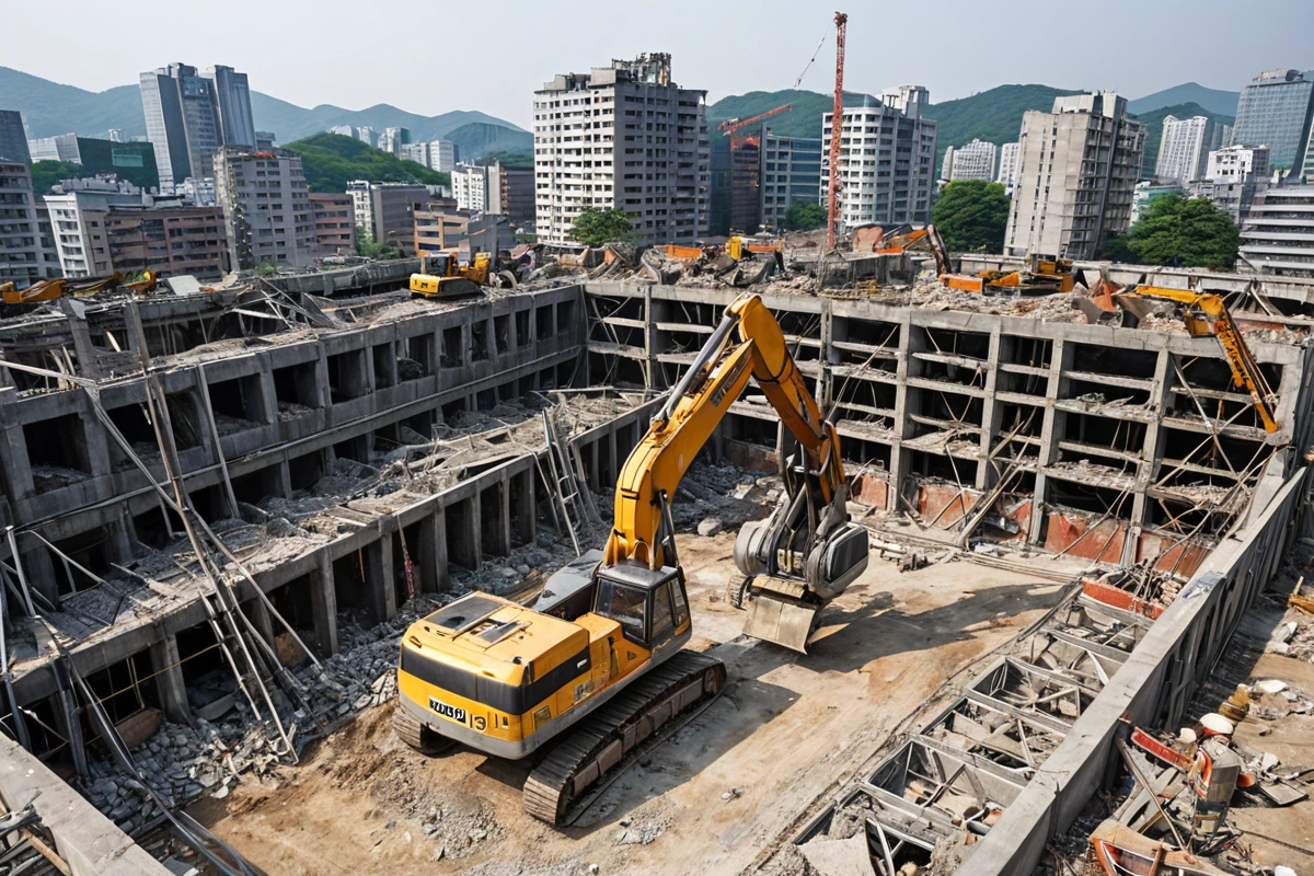 서울 남가좌 지역의 철거 현장에서 철거 중인 철골 구조물과 콘크리트 기초가 보이는 장면. 철거 장비가 정확히 구조물에 맞춰 작동 중인 모습으로, 철거 비용 산정을 위한 구조 분석이