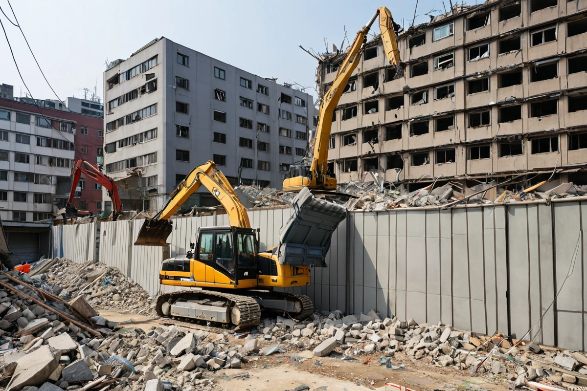 서울 남현 지역의 주거지 인근 철거 현장에서 사용되는 소음 차단 장비와 철거 중인 건물 외벽의 세부 구조. 철거 작업 시 소음과 진동을 최소화하기 위한 전문 장비가 배치된 모습.