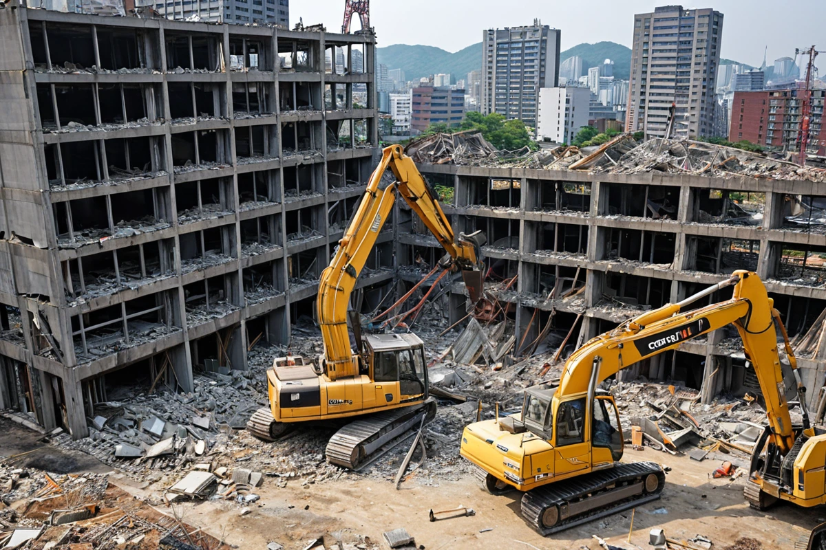 서울 노원구의 철거 현장에서 철거 작업 중인 장비가 철거 중인 건물의 철골 구조를 정확히 보여주는 장면. 건물의 철골 구조가 명확히 드러나며, 철거 장비가 철거 작업을 진행 중인