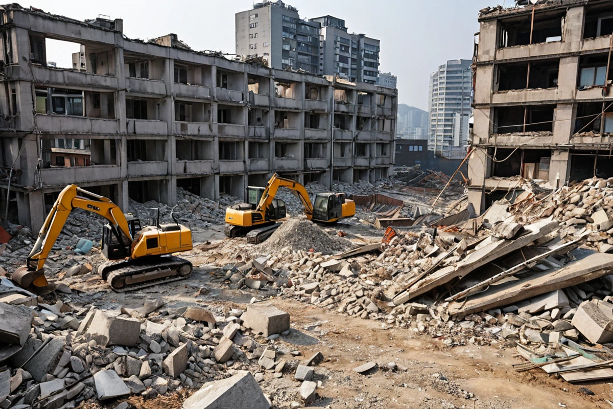 서울 도봉구 도시 풍경 속 오래된 주택 철거 현장, 건물 잔해와 수동 철거 장비가 정리된 공간, 흙먼지가 가득한 철거 현장에서 건물의 구조물이 남아 있는 모습