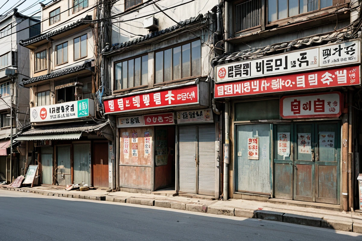 서울 도봉구 방학동 상가 지역의 주거와 상업 공간이 혼재된 거리에서, 철거 예정인 상가 건물의 외부 구조와 주변 상가의 현황이 보이는 촬영. 상가 건물의 노후된 외관과 주변 상가의