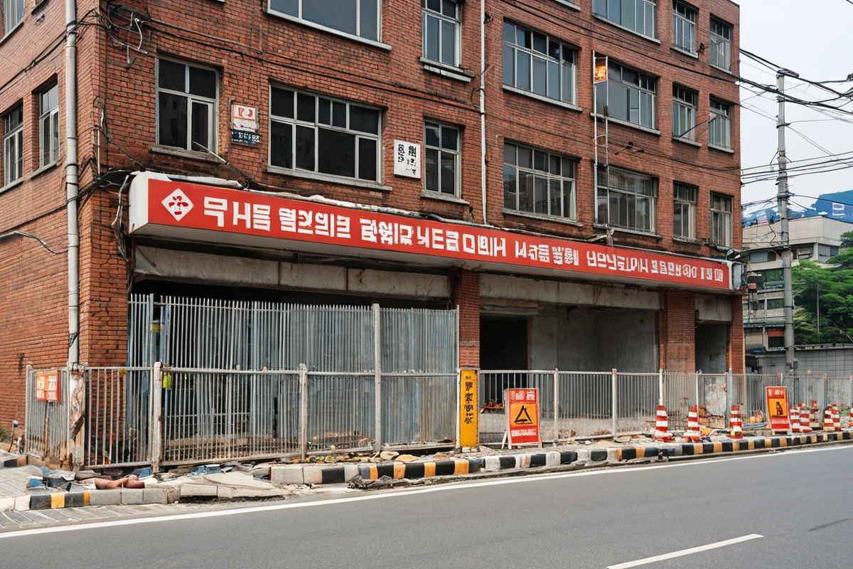 서울 도봉구 방학동의 한 상가 건물 외부, 철거 예정인 건물의 간단한 구조물과 주변 도로 위에 놓인 철거 표지판이 보이는 장면. 건물 벽면에는 철거 작업을 위한 임시로 설치된 안전