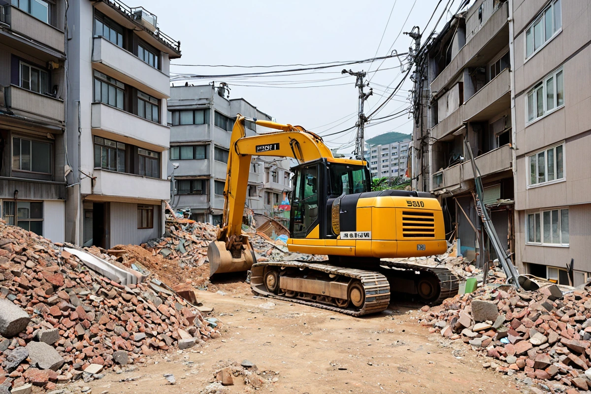 서울 도봉구 방학동 주거 지역에서 철거 작업 중인 현장. 주변 주택과의 거리가 가까운 상황에서 소음 규제를 준수하기 위해 철거 장비가 조용하게 작동 중인 모습. 주변 주택의 창문이
