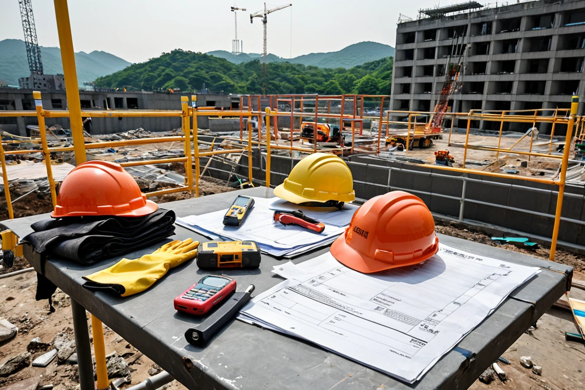 서울 도봉구 방학동 철거 현장에서 철거 전 철저한 점검을 위한 장비와 문서가 준비된 장면. 철거 중 발생할 수 있는 추가 작업을 방지하기 위한 사전 점검 작업이 진행 중인 모습으로
