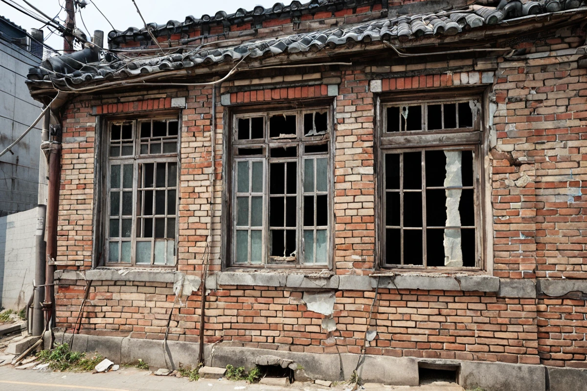서울 도봉구 봉천동의 노후된 주택 건물 외부에서 전문가가 현장 점검을 위해 측정기기로 구조적 안전성을 확인하는 모습. 건물의 오래된 벽면과 손상된 창문이 보이며, 측정 기기는 정확