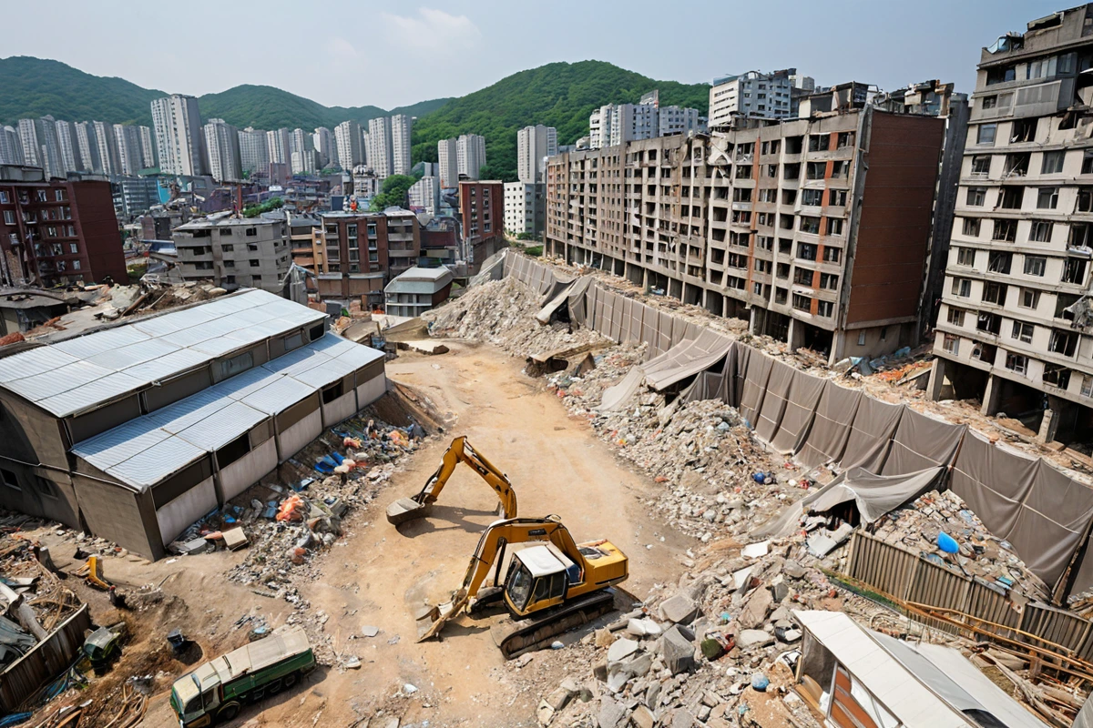 서울 도봉구 봉천동 주거 지역의 철거 현장, 철거 중인 주택 외벽에 설치된 소음 차단 천막과 먼지 차단망이 설치된 모습, 주변 건물과의 조화를 이룬 안전한 철거 작업 현장
