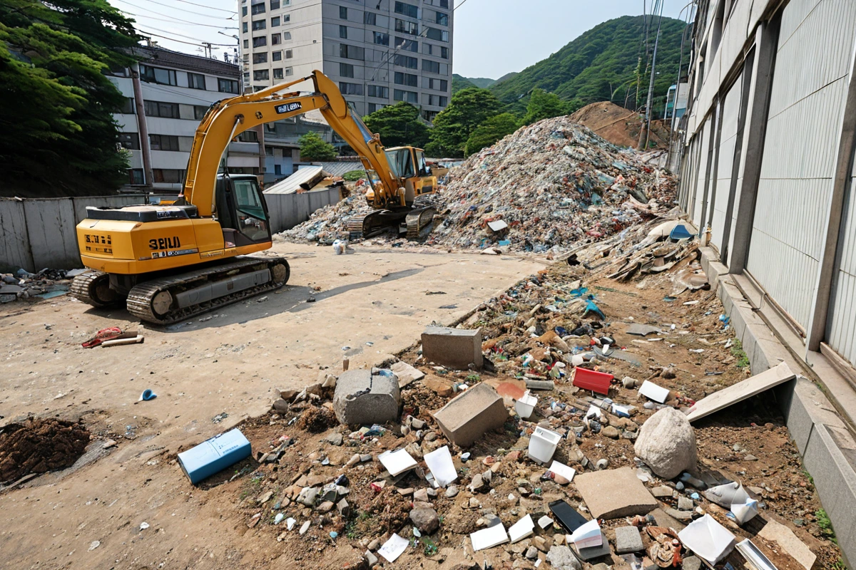 서울 도봉구 봉천동 주택 현장에서 철거 업체가 현장 확인을 위해 건물 상태와 주변 환경을 분석하는 모습. 건물 외벽에 철거 전 점검 표시가 붙어 있고, 재료 분석을 위한 폐기물 샘