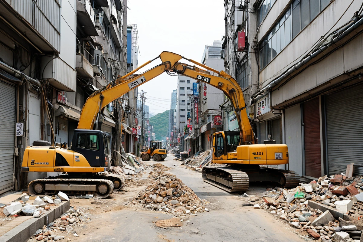 서울 도봉구 쌍문동 상가 지역의 철거 현장, 상가 건물의 외벽에 철거 표지판이 걸려 있고, 주변 상가 건물과의 거리가 좁은 도로 위에 철거 작업을 위한 장비가 준비되어 있는 모습.