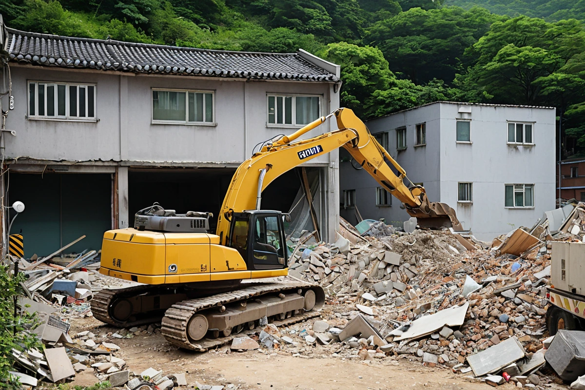 서울 도봉구 쌍문동 주거 지역의 철거 현장, 인근 주민의 생활을 방해하지 않는 철거 작업 중인 빈 건물과 주변 녹지대가 조화를 이룬 모습. 소음 및 대기 오염 규제를 준수하기 위해