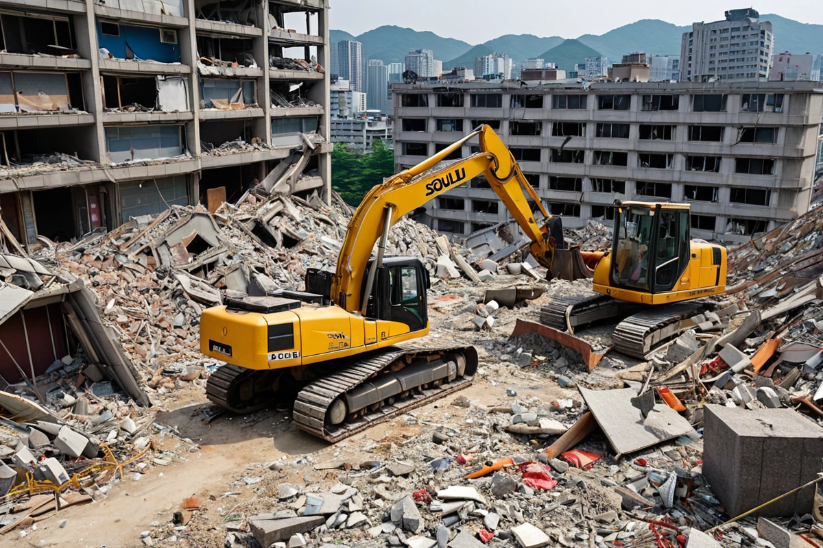 서울 도봉구의 철거 현장에서 안전 장비가 철저히 갖춰진 철거 작업장. 중장비와 철거된 구조물의 잔해가 안전하게 정리된 모습.