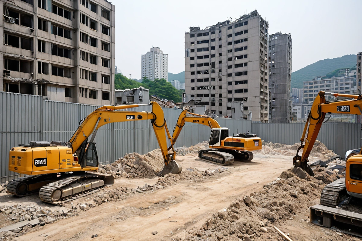 서울 도봉구 창동 주거 밀집 지역의 가벽 철거 현장. 주변 건물과의 간격이 좁은 곳에서 철거 장비가 먼지와 소음을 방지하기 위해 특수 커버로 덮여 있는 모습. 철거 중인 가벽의 구