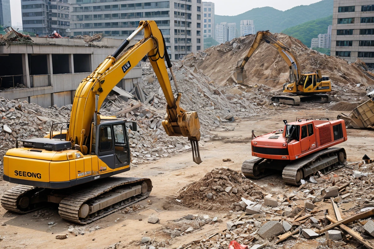 서울 도봉구 창동 철거 현장에서 구조적 상태를 확인하는 철거 장비와 함께 배치된 평수 측정 도구. 구조물의 상태에 따라 비용이 달라지는 것을 보여주는 실제 철거 현장의 모습.
