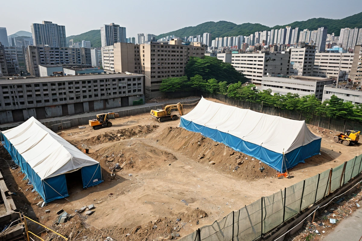서울 도봉구 학원 주변 도로에서 철거 작업 시 먼지 차단을 위한 천막과 소음 차단 울타리가 설치된 모습, 주변 건물과 자연스럽게 어우러진 철거 현장의 외관이 보입니다.