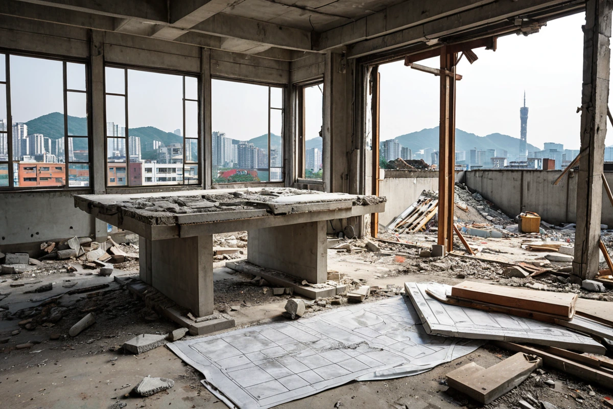 서울 도봉동의 한 주택 철거 현장에서, 철거 업체 직원이 현장 점검을 위해 구조물의 상태를 확인하는 모습을 보여주는 사진. 구조물의 손상 부분과 철거 계획서가 테이블 위에 놓여 있