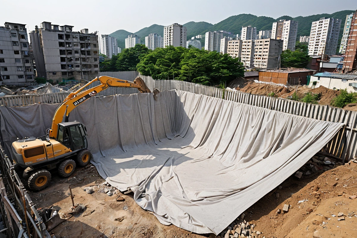서울 도봉동 주거 지역 철거 현장, 철거 작업 중 먼지 차단 천막과 소음 방지 울타리가 설치된 모습, 주변 건물과의 거리가 유지된 철거 현장, 철거 작업 중인 장비가 먼지와 소음을