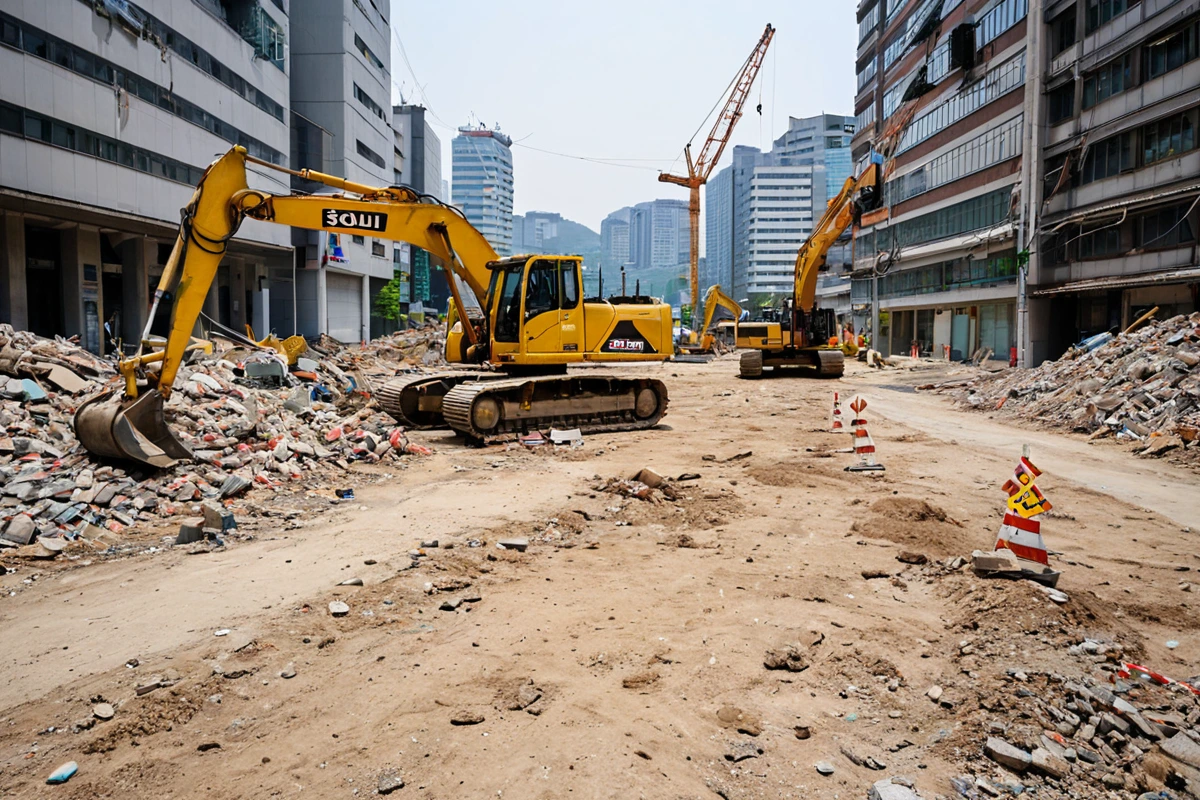 서울 도심에서 철거 작업 전 법적 승인 서류를 확인하는 중장비와 철거 현장 경계선이 보이는 장면, 경계선에는 '철거 전 승인 필수'라는 표지가 눈에 띕니다.