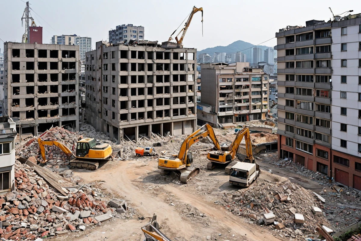 서울 동대문구 답십리동의 2층 주택 철거 현장, 철거 중인 건물 외관과 철거 장비가 정확히 보이는 장면. 철거 대상이 주택인지 상가인지 구분되는 구조물이 뚜렷하게 보인다.