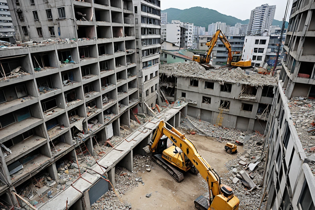 서울 동대문구 봉천동 주택가의 일부 구조물이 철거 중인 현장. 주변 건물과의 거리가 좁은 주거지에서 철거 작업이 정밀하게 진행되고 있는 모습. 철거 중인 구조물 주변에 안전 울타리