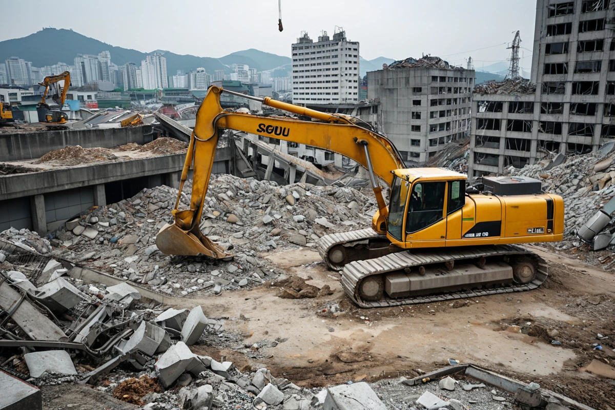서울 동대문구 산업지역의 철거 현장, 낡은 공장 건물이 철거 중인 모습, 주변에 쓰레기와 철거 장비가 놓여 있으며, 건물의 구조적 손상이 보이는 상황
