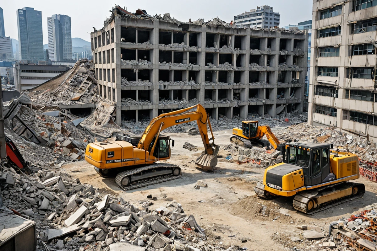 서울 동대문구 상업용 건물 철거 현장, 복잡한 구조물과 철거 중인 부분이 보이는 건물 외관, 철거 작업 중인 장비가 배경에 보이는 자연스러운 장면