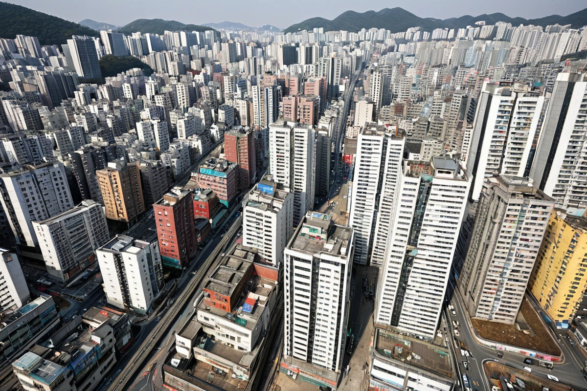 서울 동대문구 용신동의 주택과 상가가 혼재된 건물군. 건물의 규모와 구조가 다양하게 나타나는 모습. 낮은 건물과 높은 건물이 조화롭게 배치된 도시 풍경.