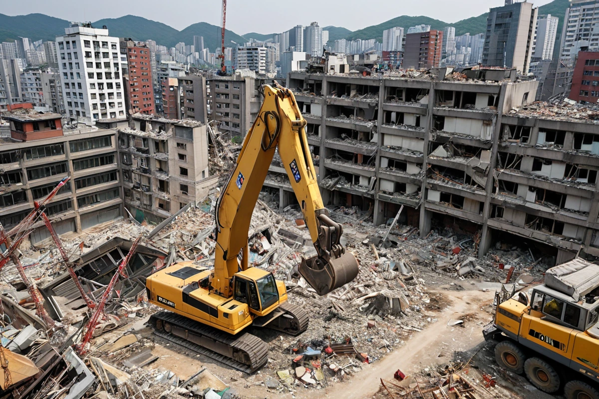 서울 동대문구 용신동의 주택 철거 현장에서 전문 철거 장비가 철거 작업을 진행하는 모습. 철거 업체의 맞춤형 철거 계획을 보여주는 현장의 구조물이 철거 중인 자연스러운 장면.