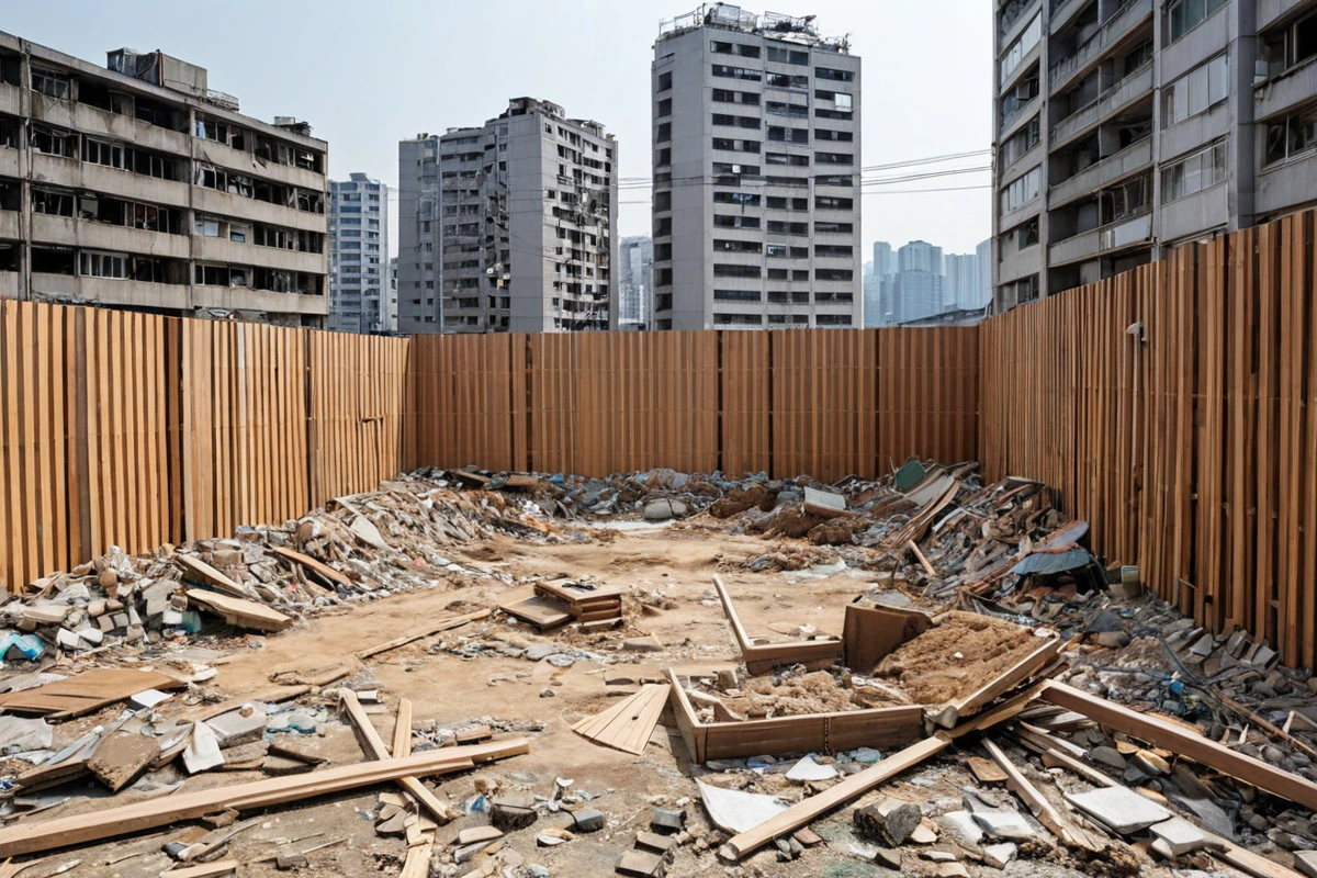서울 동대문구 이문동의 15평 규모 목재 가벽 철거 후 남은 공간. 철거된 가벽 잔해와 깨끗이 정리된 현장, 주변 주택과 조화로운 도시 풍경.