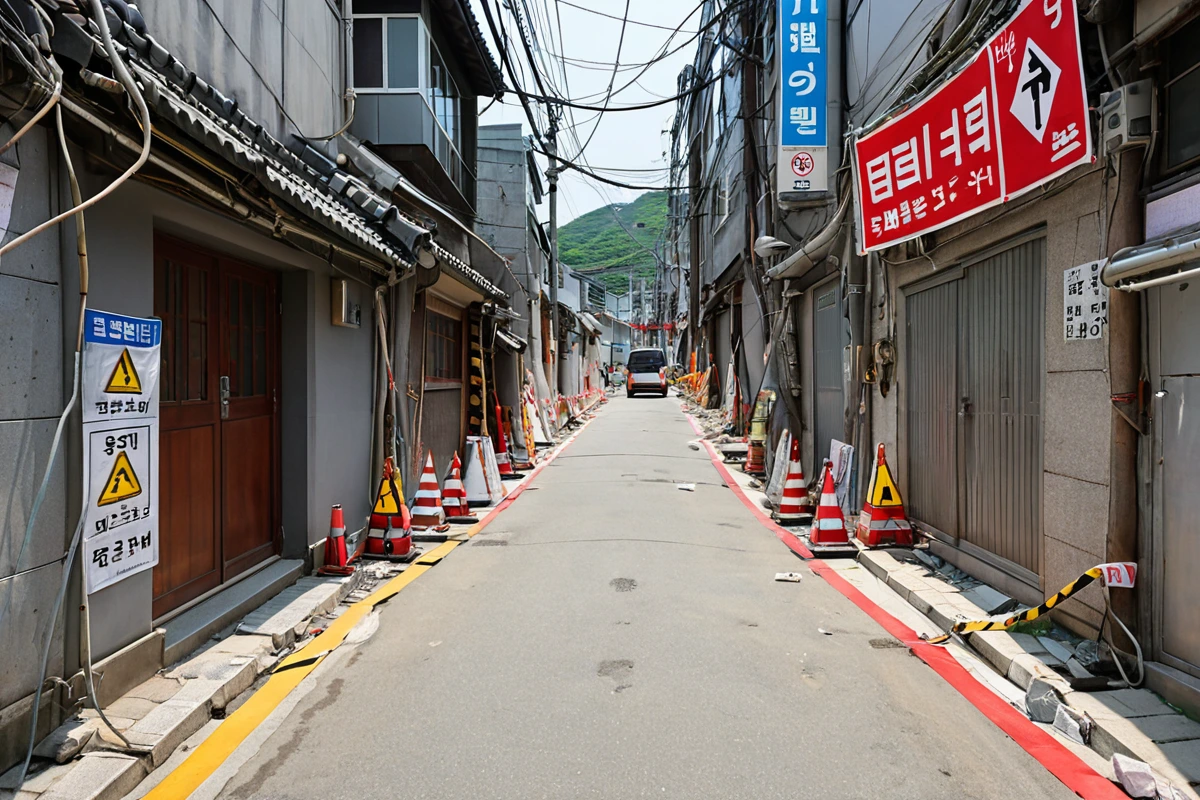서울 동대문구 이문동의 좁은 골목길에서 철거 작업을 위한 안전 계획 수립 장면. 좁은 도로 양쪽에 안전 경고 표지와 작업 안내 현수막이 설치되어 있고, 철거 장비가 안전하게 정비된