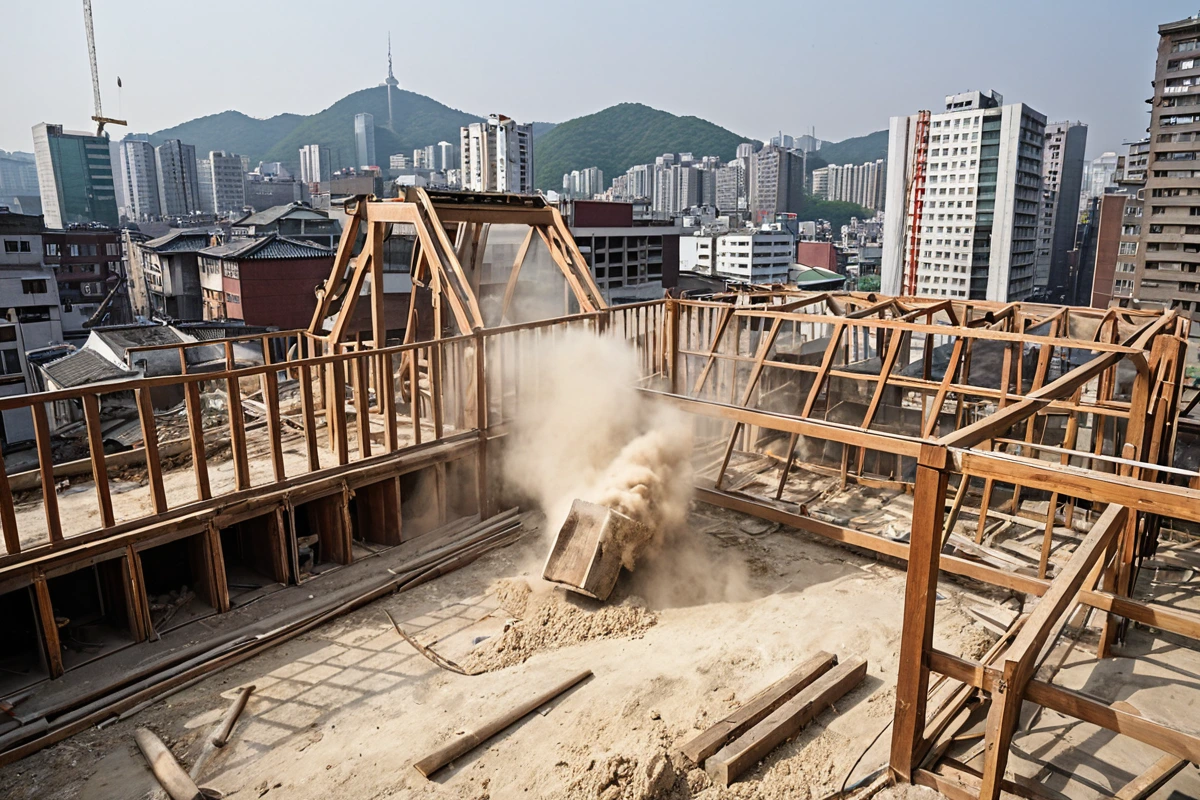 서울 동대문구 이문동의 주택 칸막이 철거 현장에서 목재 구조물이 수동으로 철거되고 있는 모습. 철거 중인 구조물의 흙먼지와 철거 도구가 자연스럽게 드러나며, 주변 건물과의 조화를