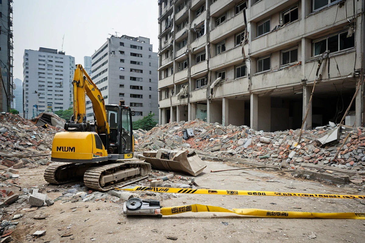 서울 동대문구 이문동의 주택 현장에서 전문 철거 업체의 현장 조사 장면. 철거 예정 건물 앞에 서 있는 철거 장비와 건축 도면을 분석하는 업체 직원의 손이 보이지 않는 상황. 건물