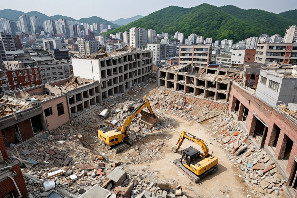 서울 동대문구 장안동의 주거지역에서 가벽 철거 작업 중인 현장. 오래된 벽체가 철거 과정에서 분리되고, 주변 건물과의 거리가 가까운 주택의 외관이 보이는 현실적인 장면.