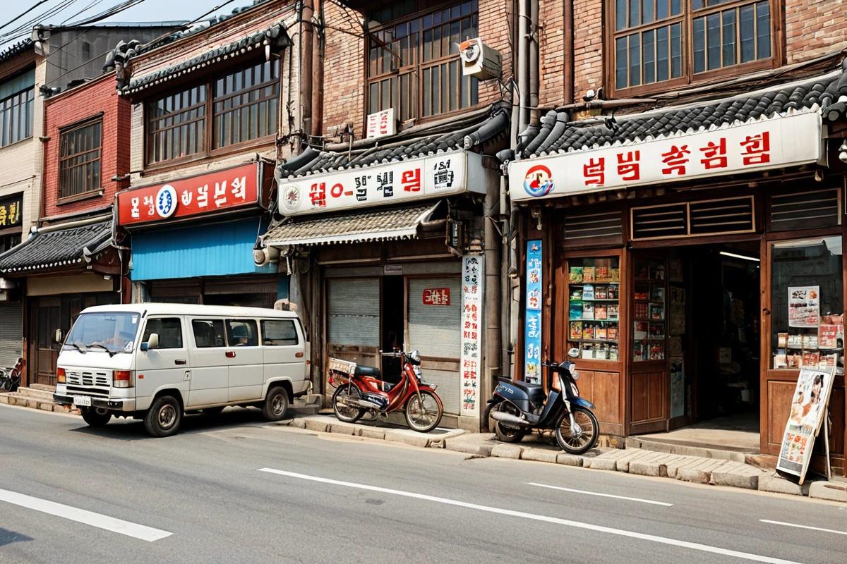 서울 동대문구 전농동 상가의 오래된 상업 지역의 외관. 상가 건물의 전통적인 외벽과 현대적인 간판이 혼재된 모습. 상업 활동이 활발한 거리의 주변 구조물과 건물들이 자연스럽게 배경