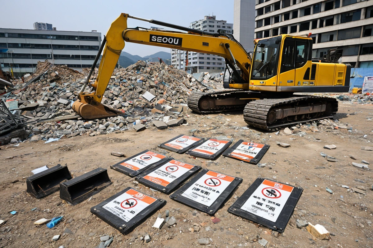 서울 동대문구 전농동 상가 철거 현장에서 건물 구조 점검을 위한 측정 도구가 놓여진 모습. 건물 외벽에 구조 점검을 위한 라벨이 붙어 있고, 철거 장비가 철거 작업을 준비 중인 모