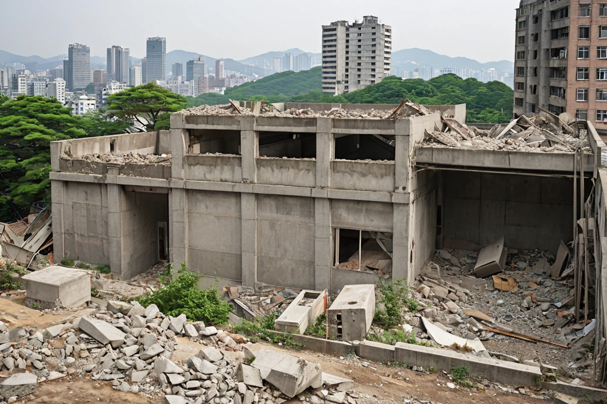서울 동선동 도시 개발 구역에서 철거 중인 건물의 외관, 주변에 환경 규제 안내 표지판이 서 있는 모습. 건물의 철거 구조물과 주변 도시 풍경이 조화롭게 배경으로 펼쳐진 자연스러운