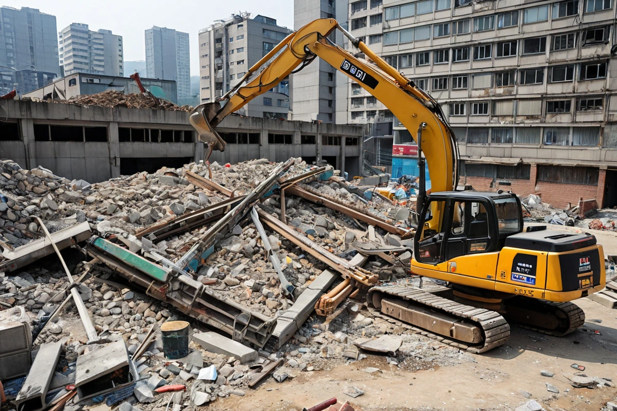 서울 동선동 주택의 부분 철거 현장에서, 철거 작업을 위한 구조물 분해 과정이 진행 중인 모습. 철거된 부분의 구조물과 철거 장비가 정리된 공간이 잘 보이는 사실적인 장면.