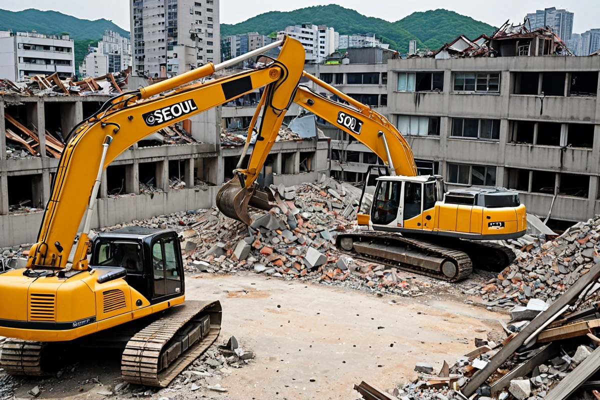 서울 동선동 지역의 주택 철거 현장에서 전문 철거 업체의 작업 중인 모습. 철거 장비와 철거 예정 주택의 구조가 정확하게 보이는 철거 현장의 전경. 철거 업체의 표시가 없는 깔끔한