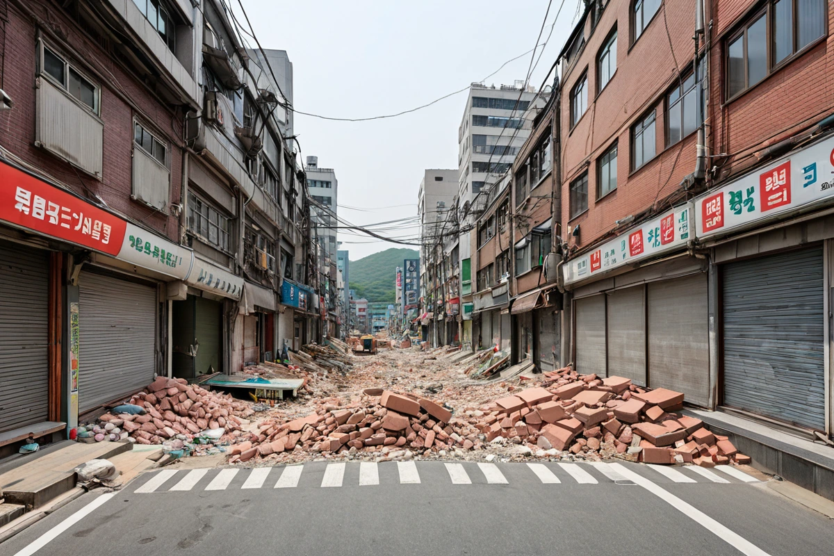 서울 동작구 노량진동 상가 밀집 지역의 상가 건물 외관. 건물 사이사이로 철거 작업을 위한 안전 울타리가 설치되어 있으며, 주변 상가 간 소음 방지를 위한 방음막이 부착된 상황을