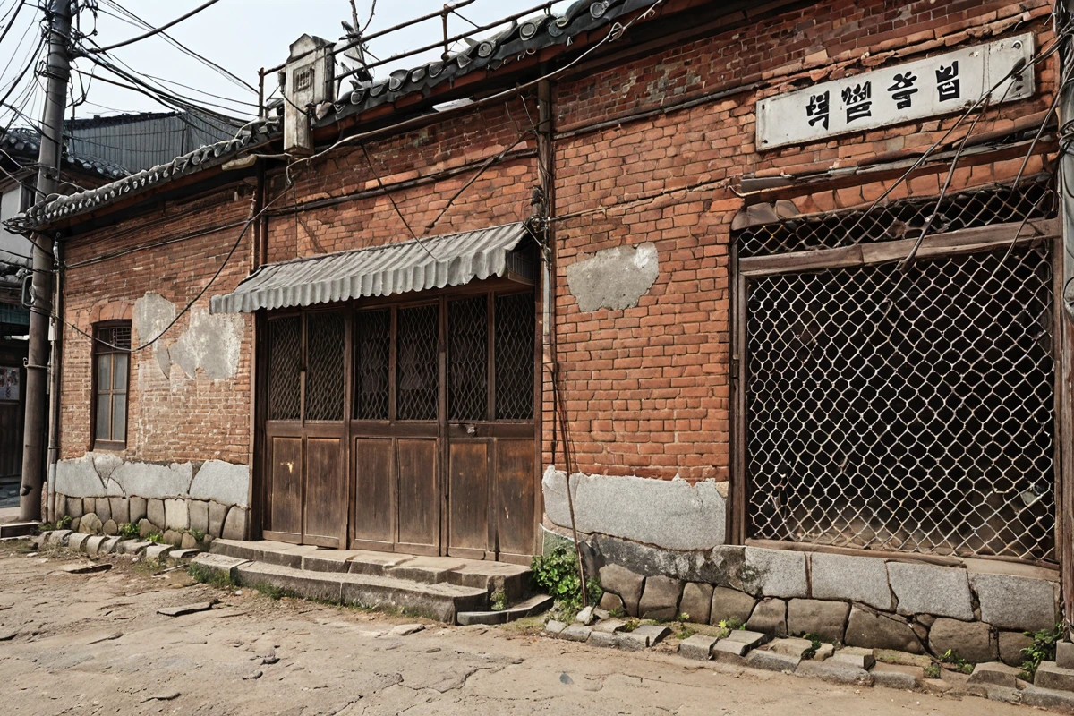 서울 동작구 노량진동의 오래된 식당 건물 외부, 철거 작업을 앞둔 상태로 철거 업체의 등록 번호가 적힌 안전 표지판이 부착된 철제 울타리와 함께 찍힌 사진. 건물의 낡은 벽면과 흙