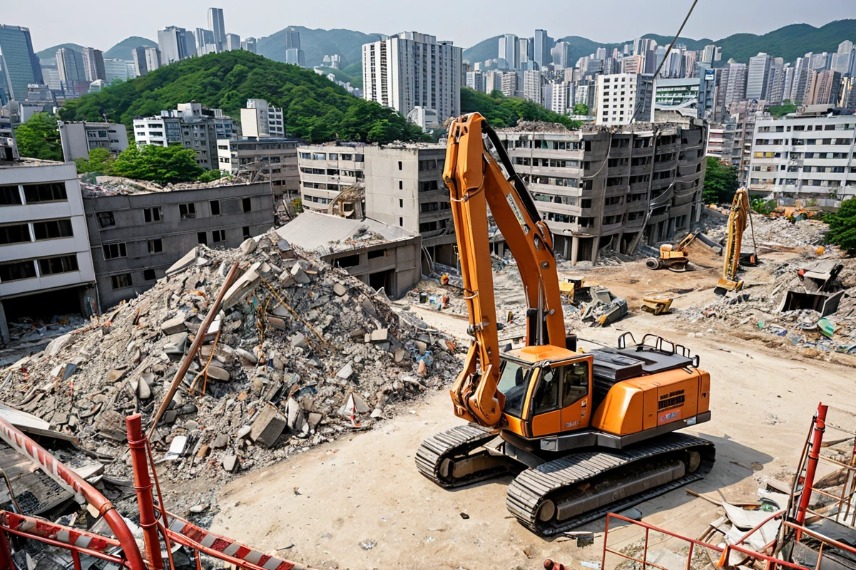 서울 동작구 노량진동의 전문 철거 업체의 철거 절차 점검 현장, 철거 장비와 안전 장치가 철저히 정비된 모습. 철거 작업의 안전성을 보여주는 구조물과 주변 환경이 조화롭게 배치된