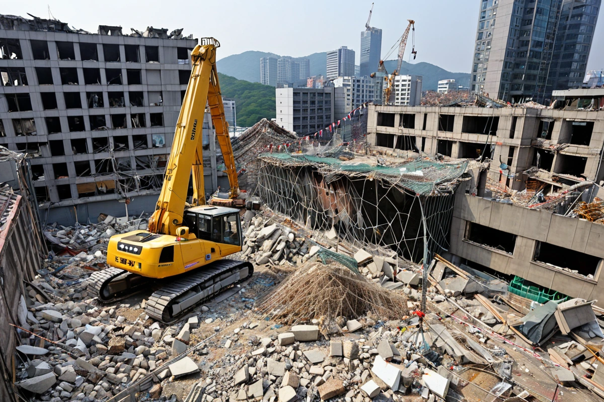 서울 동작구 노량진동의 철거 현장에서 전문가가 현장 점검 중인 모습. 철거 중인 건물의 구조적 안전을 확인하기 위한 장비가 배치되어 있고, 안전 시설이 설치된 철거 현장의 전체적인