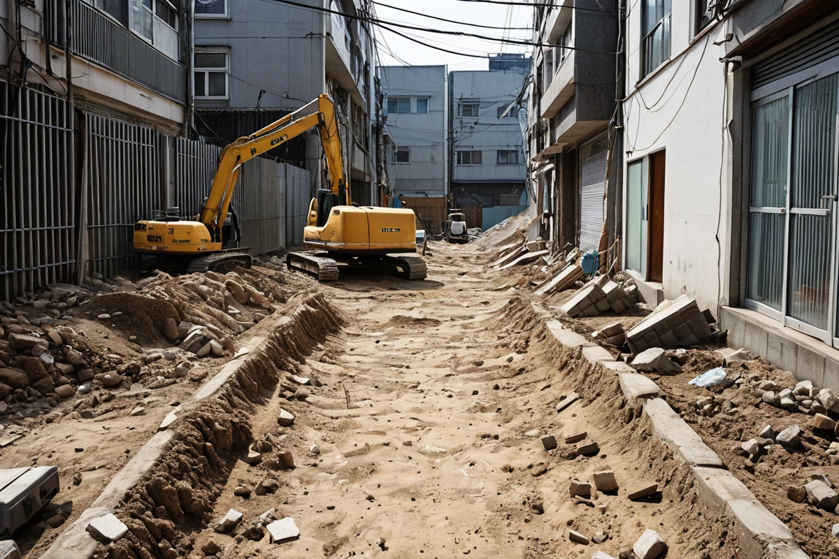 서울 동작구 노량진동 인근에 위치한 좁은 거리의 건물 철거 현장, 안전 울타리와 현장 점검 장비가 놓인 흙바닥, 주변 건물과의 거리가 좁은 도시 구조물