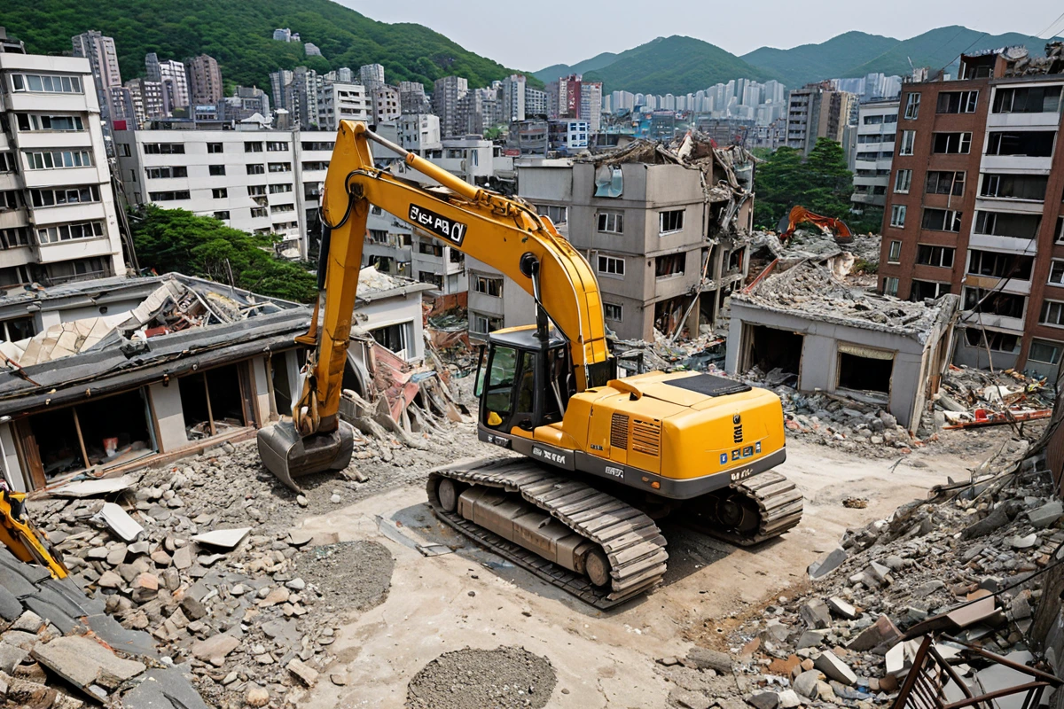 서울 동작구 대방동의 봉천동 주택 철거 현장에서 주변 건물과 도로 상태를 확인하는 철거 장비의 모습. 철거 중인 주택의 구조와 주변 도로의 상태가 명확히 드러나는 자연스러운 장면.